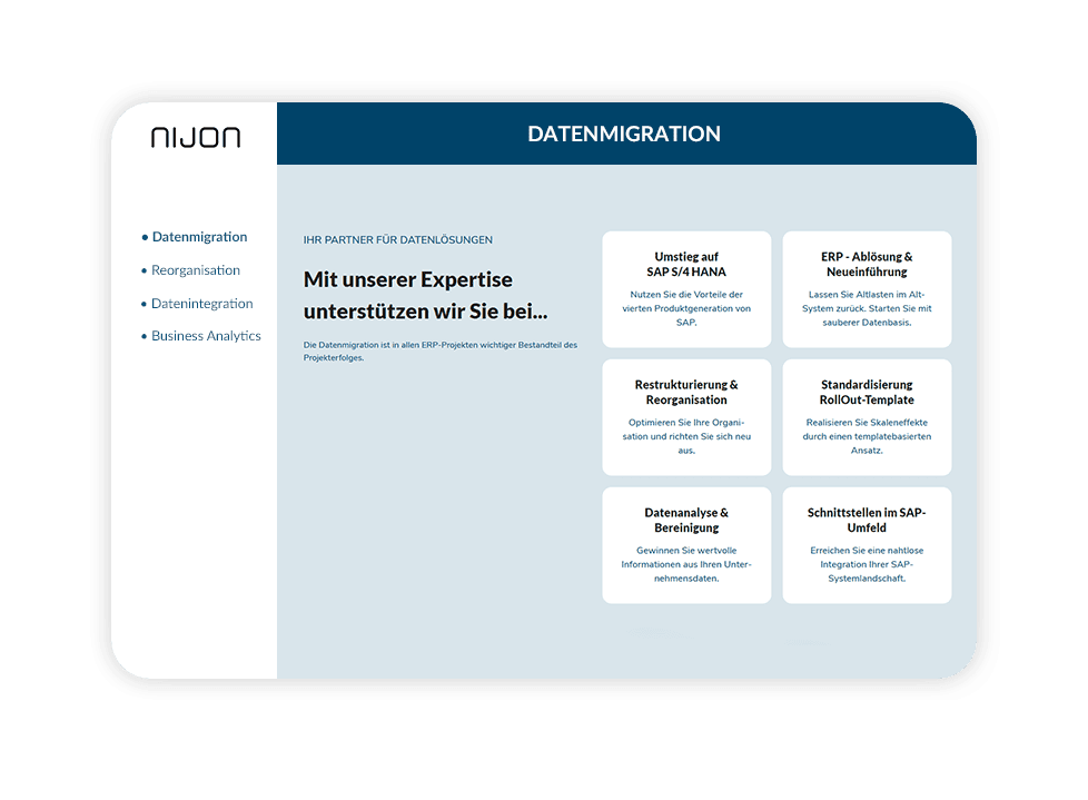 Ansicht der NIJON-Leistungsübersicht zur Datenmigration mit den Bereichen Datenmigration, Reorganisation, Datenintegration und Business Analytics