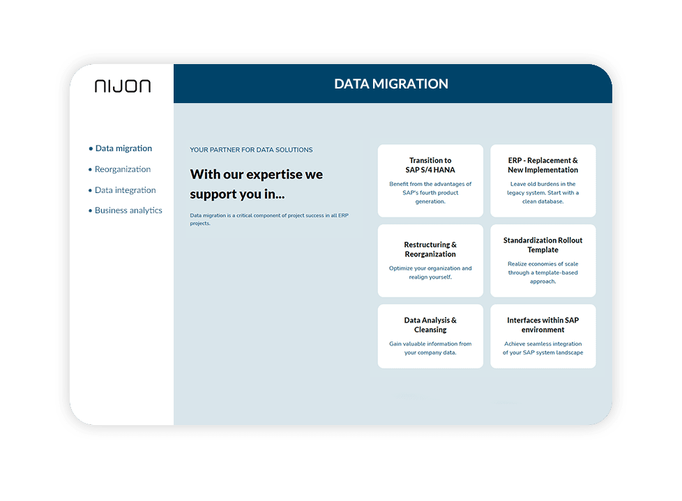 View of the NIJON service overview for data migration with the areas data migration, reorganization, data integration and business analytics